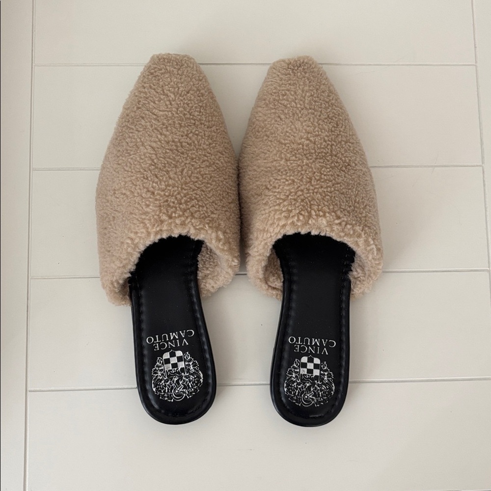 Vince Camuto Beige Faux Shearling Pointed Slip-On Mules